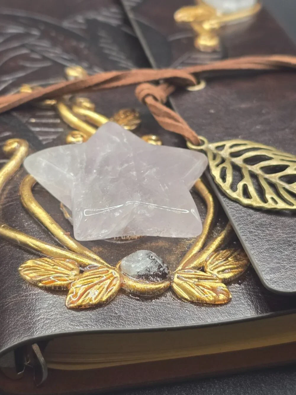Dark Brown Faux Leather Journal | Rose Quartz Star, Clear Quartz & Amethyst